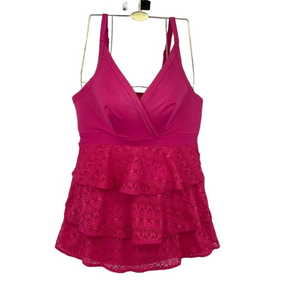 SWIM by Cacique Tankini Swimsuit Top Womens Size 14 Pink Tiered‎ Ruffled Crochet - Picture 1 of 7